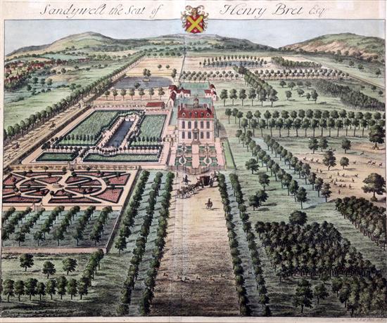 Johannes Kip (1653-1722) Views of Stoke Bishop, Sandywell, Rendcomb and Coberly, 14 x 17in.